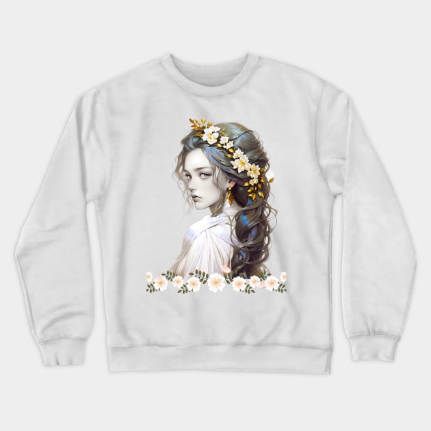 a girl with long hair and flowers in her hair Crewneck Sweatshirt by Heawonshop